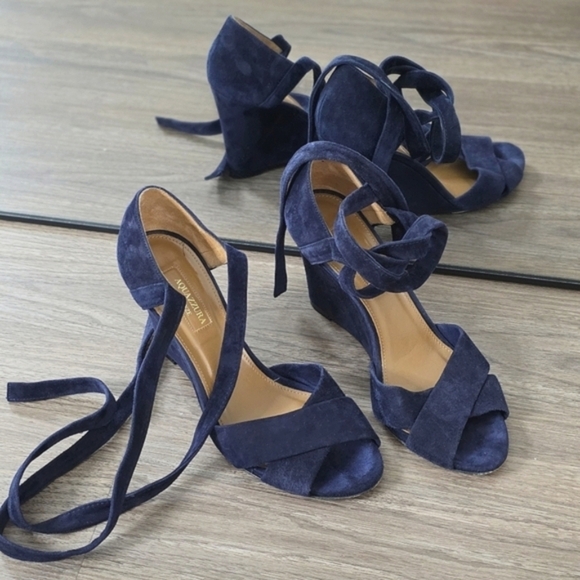 Aquazzura Firenze Suede Navy Blue Tie-Up Wedge Sandals, Size 37.5 - Picture 1 of 12